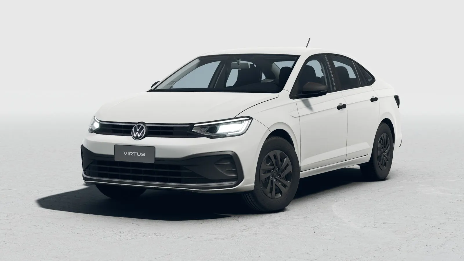Volkswagen Virtus Sense branco, visto de frente em três quartos